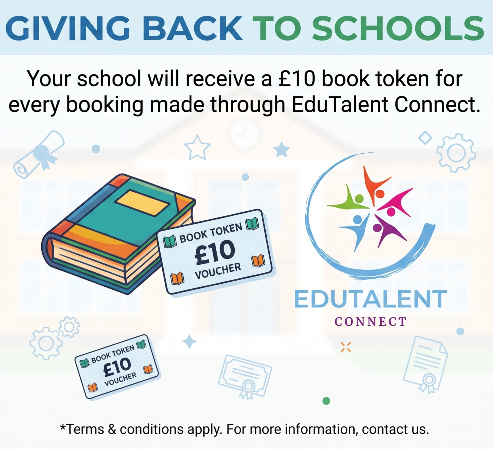 Receive a £10 Book Token for every booking through us.